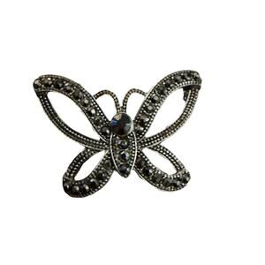 Dainty Silver And Marcasite Butterfly Brooch Open Wing Rhinestones